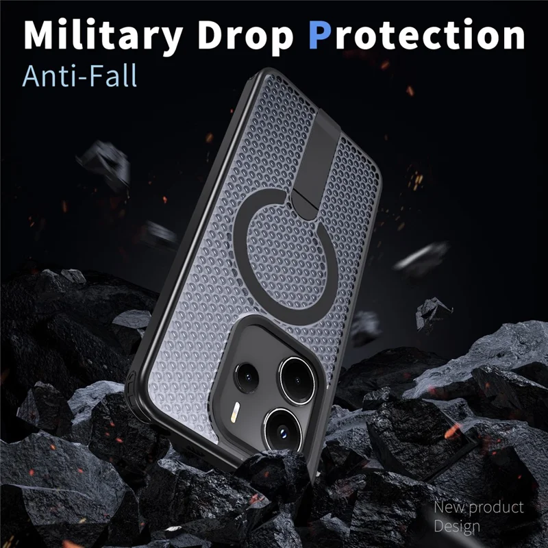 Custodia magnetica Xiaomi Redmi Note 14 5G Supporto per griglia Texture TPU PC Copertura posteriore del telefono - Nero