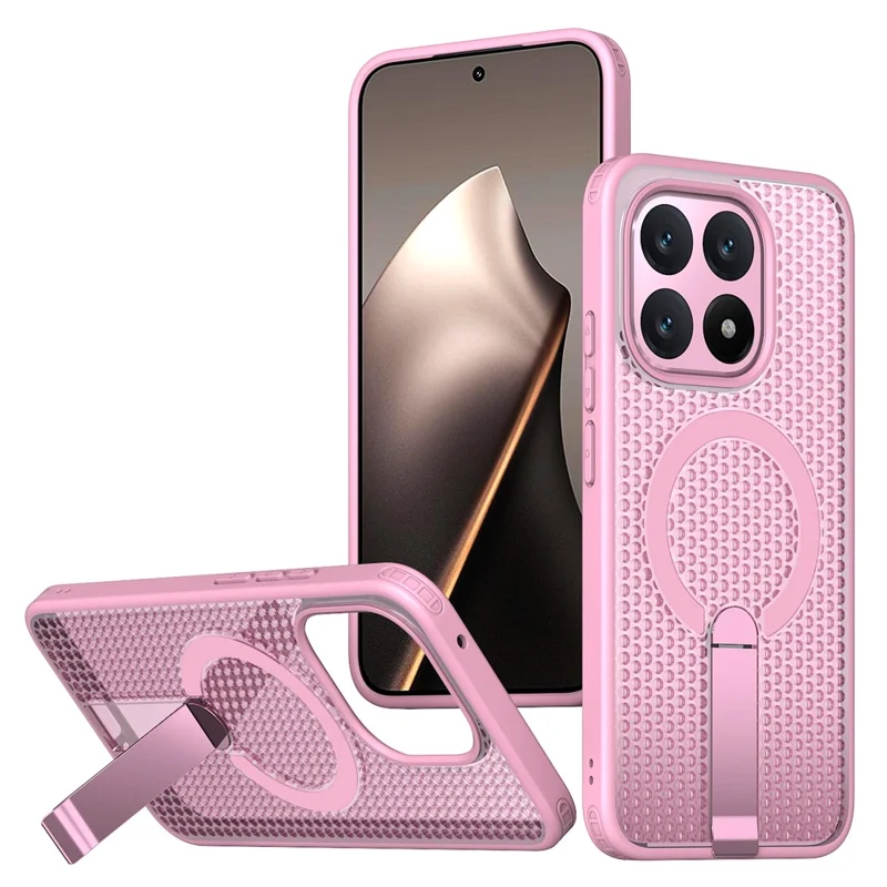 For Xiaomi 15T Magnetic Case Kickstand Grid Texture TPU PC Phone Back Cover - Pink