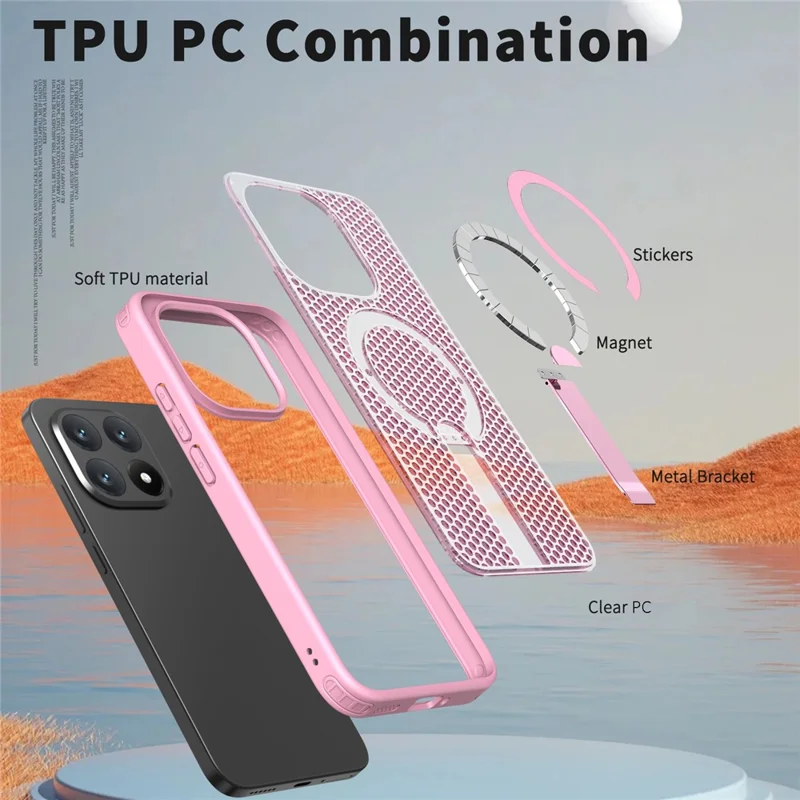 For Xiaomi 15T Magnetic Case Kickstand Grid Texture TPU PC Phone Back Cover - Pink
