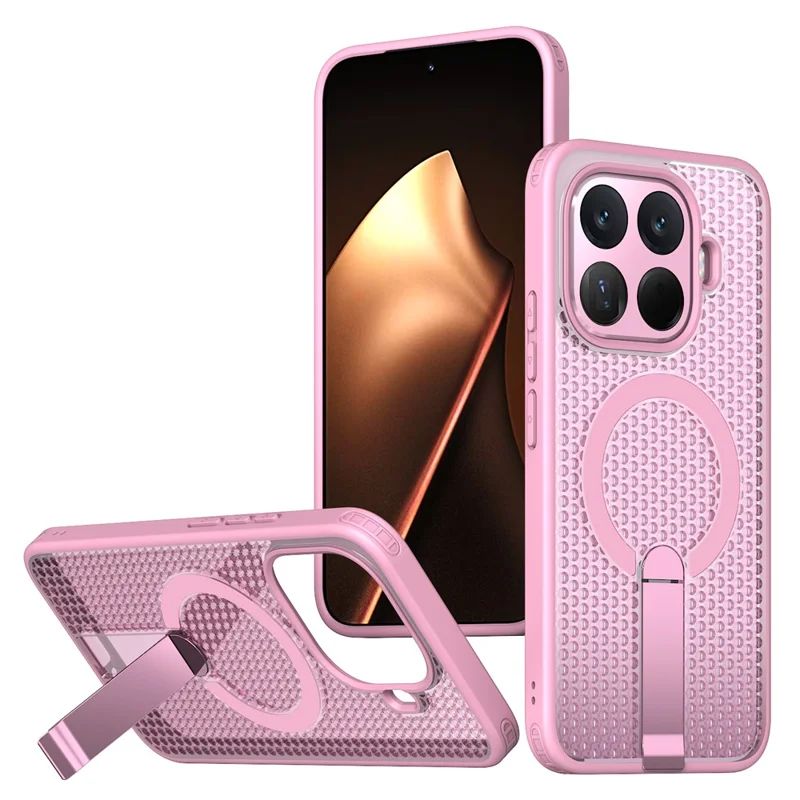 For Xiaomi 15T Pro Magnetic Case Kickstand Grid Texture TPU PC Phone Back Cover - Pink