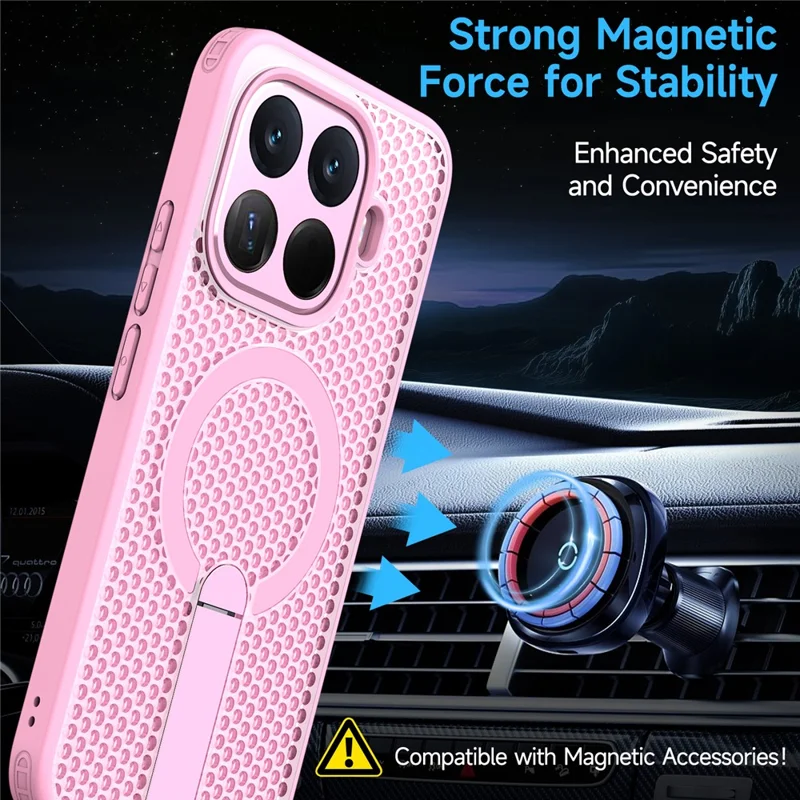 For Xiaomi 15T Pro Magnetic Case Kickstand Grid Texture TPU PC Phone Back Cover - Pink