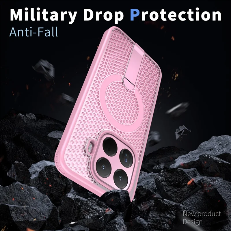 For Xiaomi 15T Pro Magnetic Case Kickstand Grid Texture TPU PC Phone Back Cover - Pink