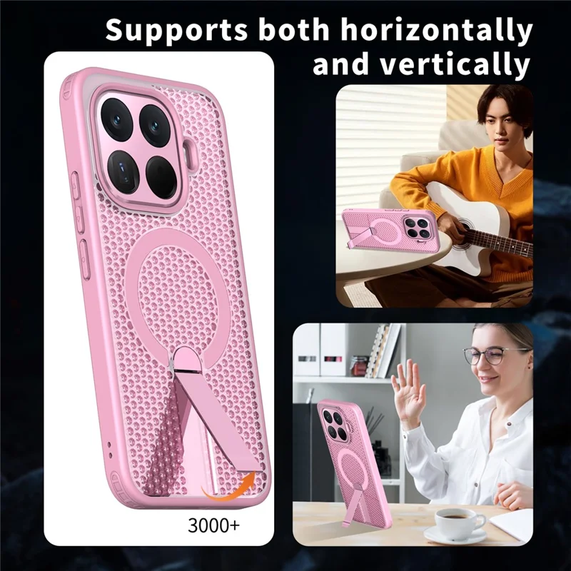 For Xiaomi 15T Pro Magnetic Case Kickstand Grid Texture TPU PC Phone Back Cover - Pink