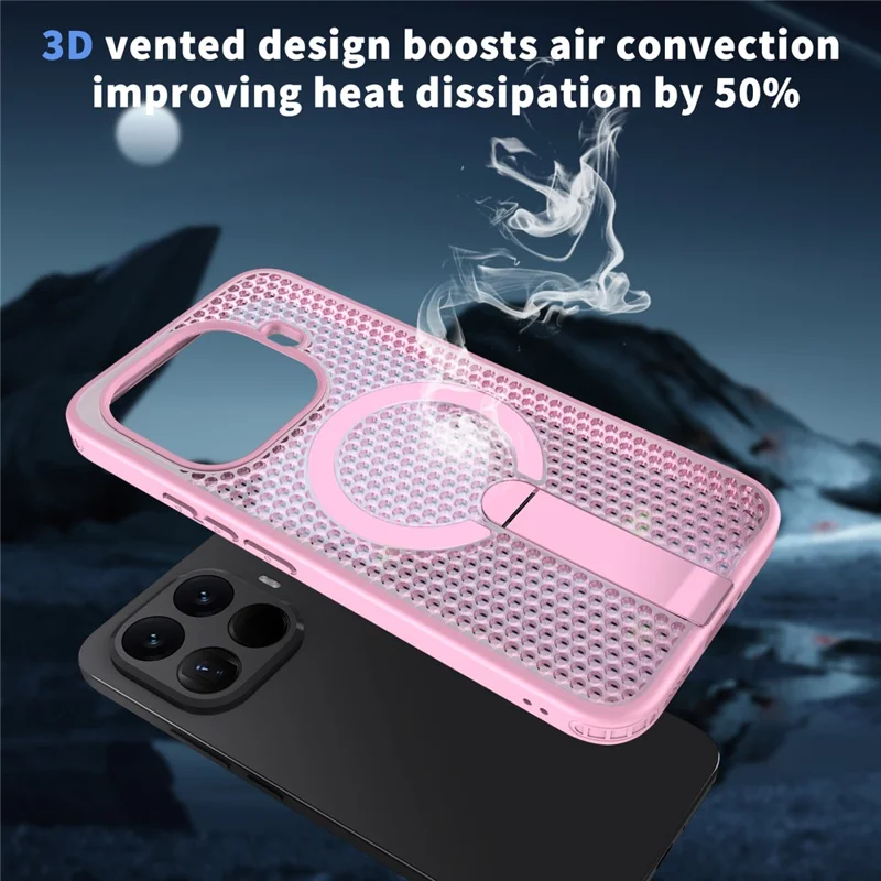 For Xiaomi 15T Pro Magnetic Case Kickstand Grid Texture TPU PC Phone Back Cover - Pink