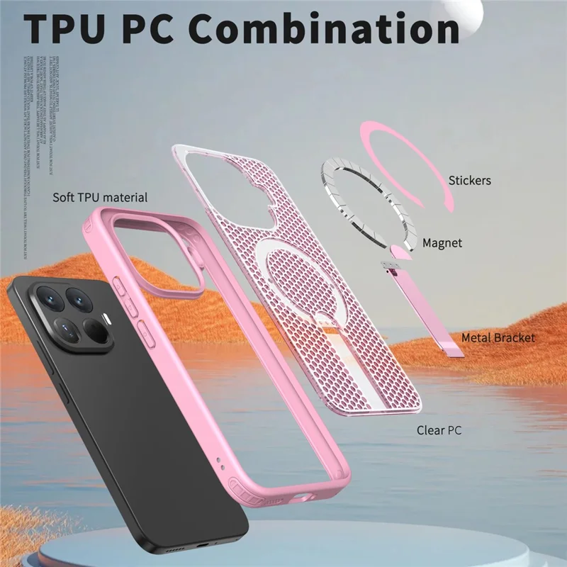 For Xiaomi 15T Pro Magnetic Case Kickstand Grid Texture TPU PC Phone Back Cover - Pink
