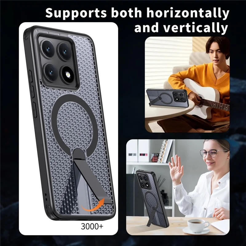 For Xiaomi 14T Magnetic Case Kickstand Grid Texture TPU PC Phone Back Cover - Black