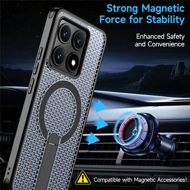 For Xiaomi 14T Pro Magnetic Case Kickstand Grid Texture TPU PC Phone Back Cover - Black