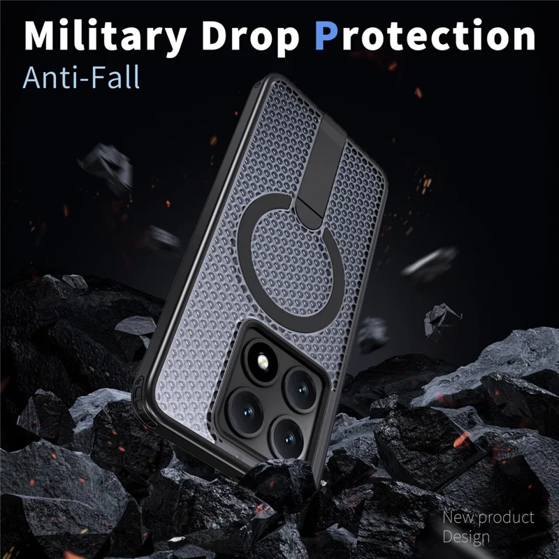 For Xiaomi 14T Pro Magnetic Case Kickstand Grid Texture TPU PC Phone Back Cover - Black