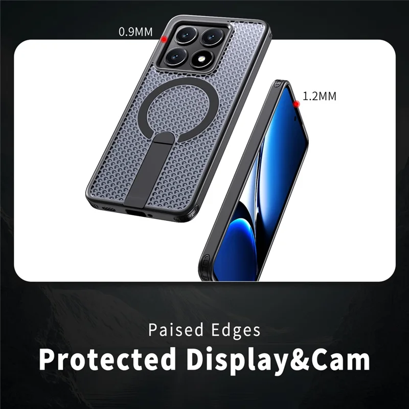 For Xiaomi 14T Pro Magnetic Case Kickstand Grid Texture TPU PC Phone Back Cover - Black