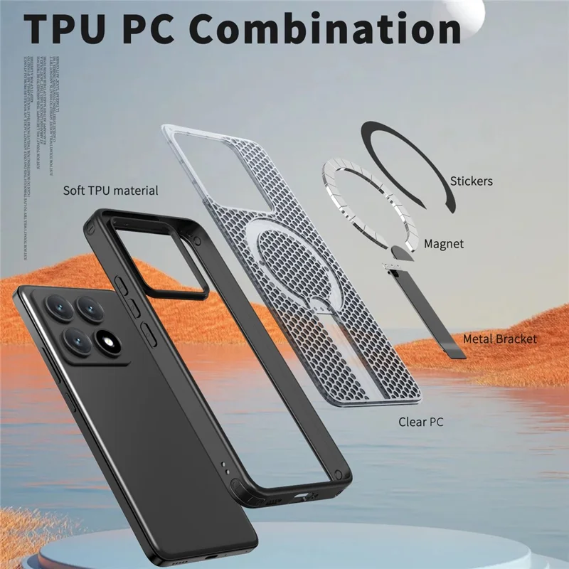 For Xiaomi 14T Pro Magnetic Case Kickstand Grid Texture TPU PC Phone Back Cover - Black