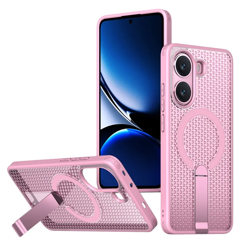 For Xiaomi Poco X7 Pro 5G Magnetic Case Kickstand Grid Texture TPU PC Phone Back Cover - Cherry Blossom Pink