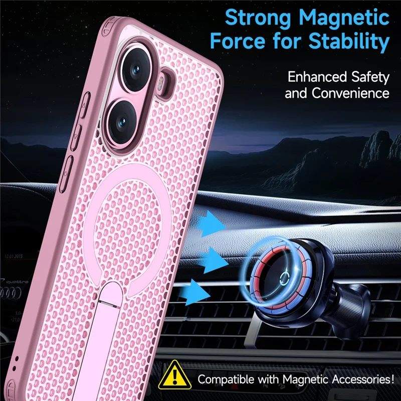 For Xiaomi Poco X7 Pro 5G Magnetic Case Kickstand Grid Texture TPU PC Phone Back Cover - Cherry Blossom Pink