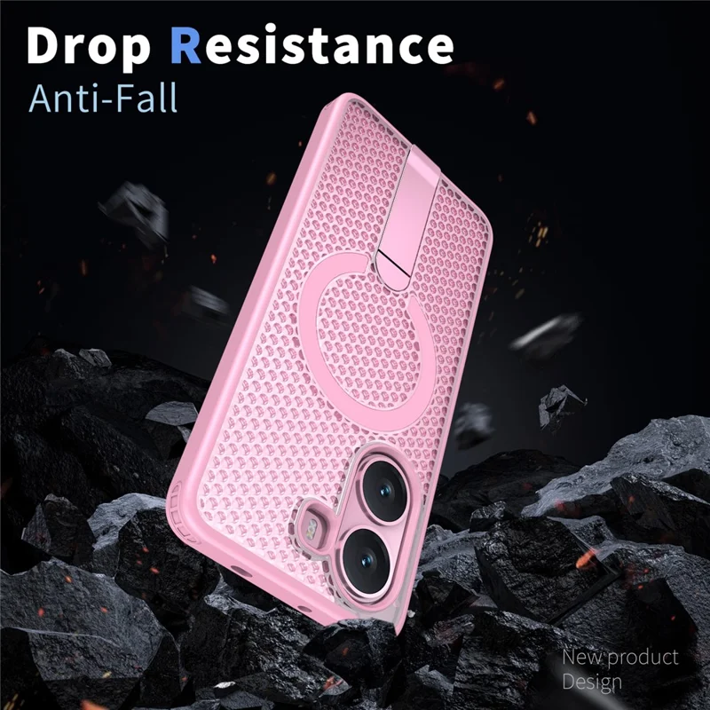 For Xiaomi Poco X7 Pro 5G Magnetic Case Kickstand Grid Texture TPU PC Phone Back Cover - Cherry Blossom Pink
