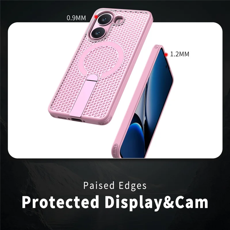 For Xiaomi Poco X7 Pro 5G Magnetic Case Kickstand Grid Texture TPU PC Phone Back Cover - Cherry Blossom Pink