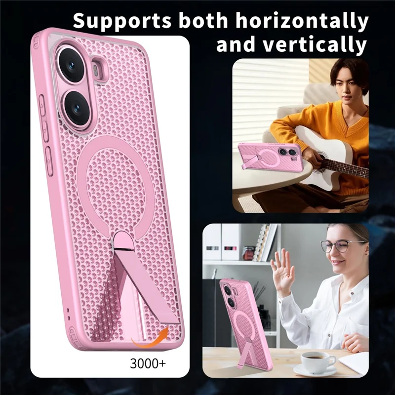 For Xiaomi Poco X7 Pro 5G Magnetic Case Kickstand Grid Texture TPU PC Phone Back Cover - Cherry Blossom Pink