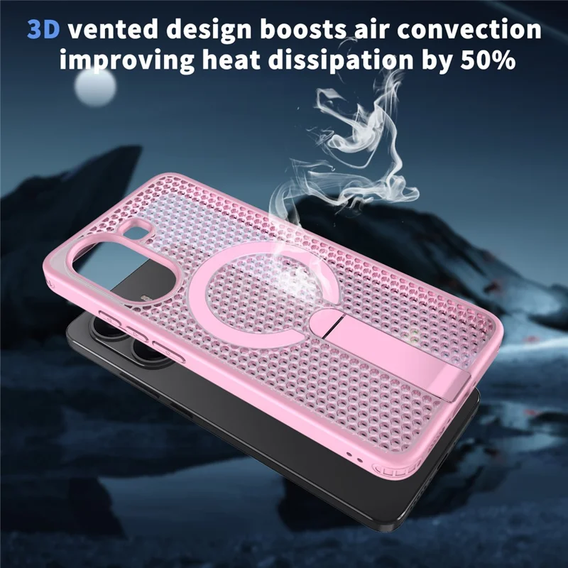 For Xiaomi Poco X7 Pro 5G Magnetic Case Kickstand Grid Texture TPU PC Phone Back Cover - Cherry Blossom Pink