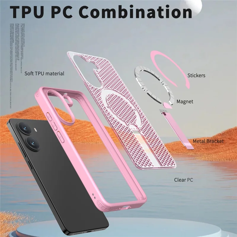 For Xiaomi Poco X7 Pro 5G Magnetic Case Kickstand Grid Texture TPU PC Phone Back Cover - Cherry Blossom Pink
