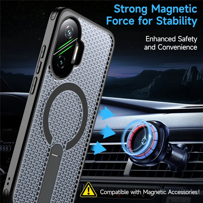 Xiaomi Poco F7 5G / Redmi Turbo 4 Pro 5G Magnetische Hülle mit Ständer, Gittermuster, TPU-PC-Rückseite - Schwarz