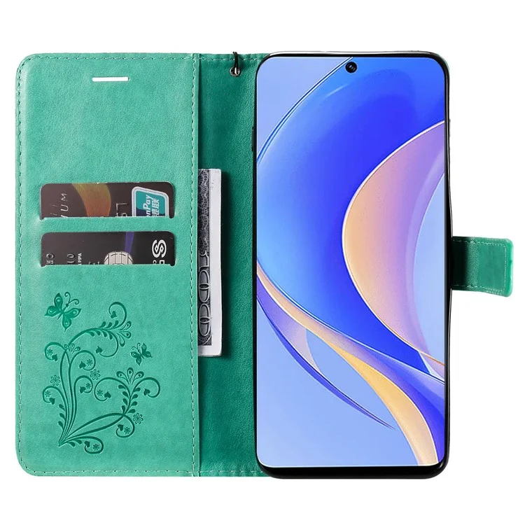 KT Imprinting Series-2 for Huawei nova Y90 4G / Enjoy 50 Pro 4G PU Leather Stand Phone Case Imprinted Butterfly Pattern Protective Wallet Cover with Strap - Green