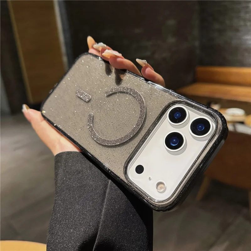 Voor iPhone 17 Pro Max hoesje met standaard, compatibel met MagSafe, 2,0 mm TPU PC glitter telefoonhoesje - transparant zwart