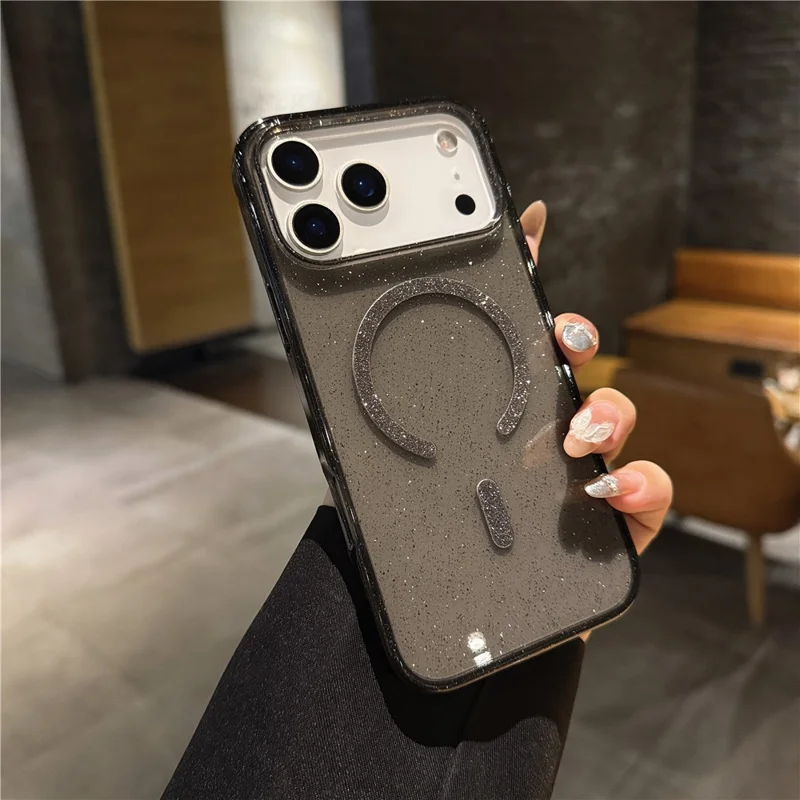 Voor iPhone 17 Pro Max hoesje met standaard, compatibel met MagSafe, 2,0 mm TPU PC glitter telefoonhoesje - transparant zwart