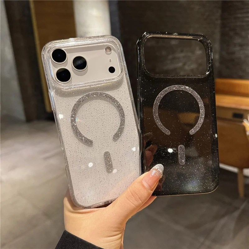 Voor iPhone 17 Pro Max hoesje met standaard, compatibel met MagSafe, 2,0 mm TPU PC glitter telefoonhoesje - transparant zwart