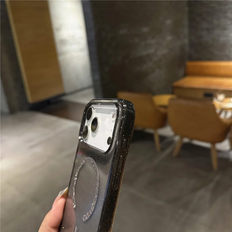 Voor iPhone 17 Pro Max hoesje met standaard, compatibel met MagSafe, 2,0 mm TPU PC glitter telefoonhoesje - transparant zwart