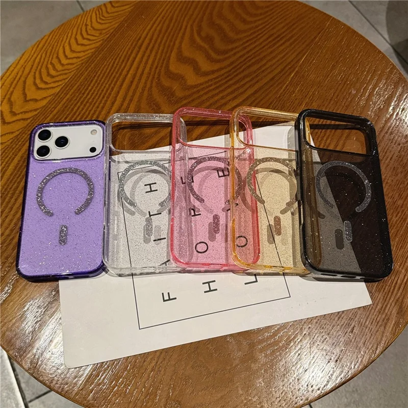Voor iPhone 17 Pro Max hoesje met standaard, compatibel met MagSafe, 2,0 mm TPU PC glitter telefoonhoesje - transparant zwart