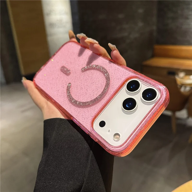 For iPhone 17 Pro Phone Case 2.0MM Compatible with MagSafe TPU PC Glitter Starlight Phone Back Cover - Transparent Pink