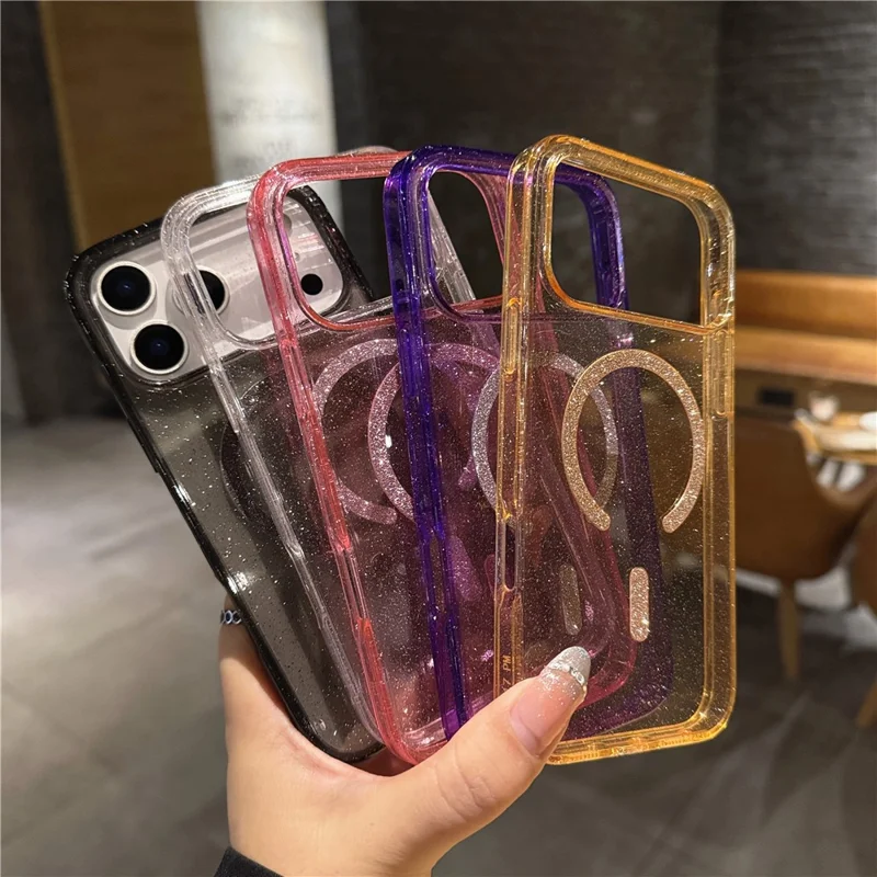 For iPhone 17 Pro Phone Case 2.0MM Compatible with MagSafe TPU PC Glitter Starlight Phone Back Cover - Transparent Pink
