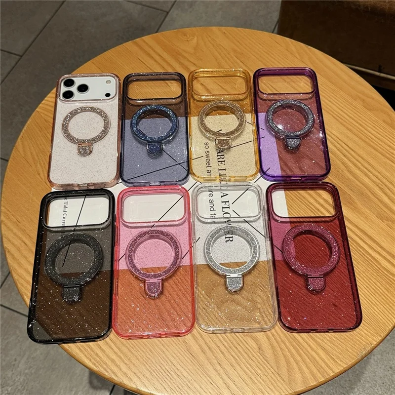 Hoesje voor iPhone 17 Pro Max met Steunbeentje, compatibel met MagSafe 2,0 mm TPU+PC Glitter telefoonhoesje - Transparant Paars