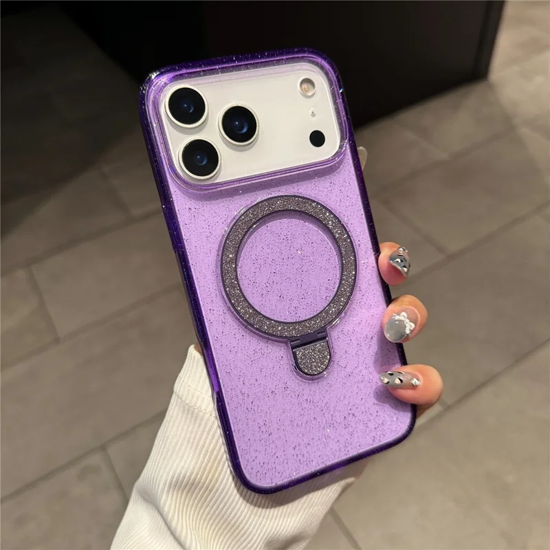 Hoesje voor iPhone 17 Pro Max met Steunbeentje, compatibel met MagSafe 2,0 mm TPU+PC Glitter telefoonhoesje - Transparant Paars