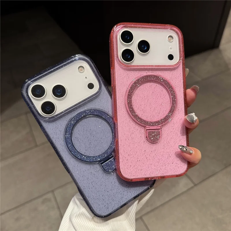 Hoesje voor iPhone 17 Pro Max met Steunbeentje, compatibel met MagSafe 2,0 mm TPU+PC Glitter telefoonhoesje - Transparant Paars
