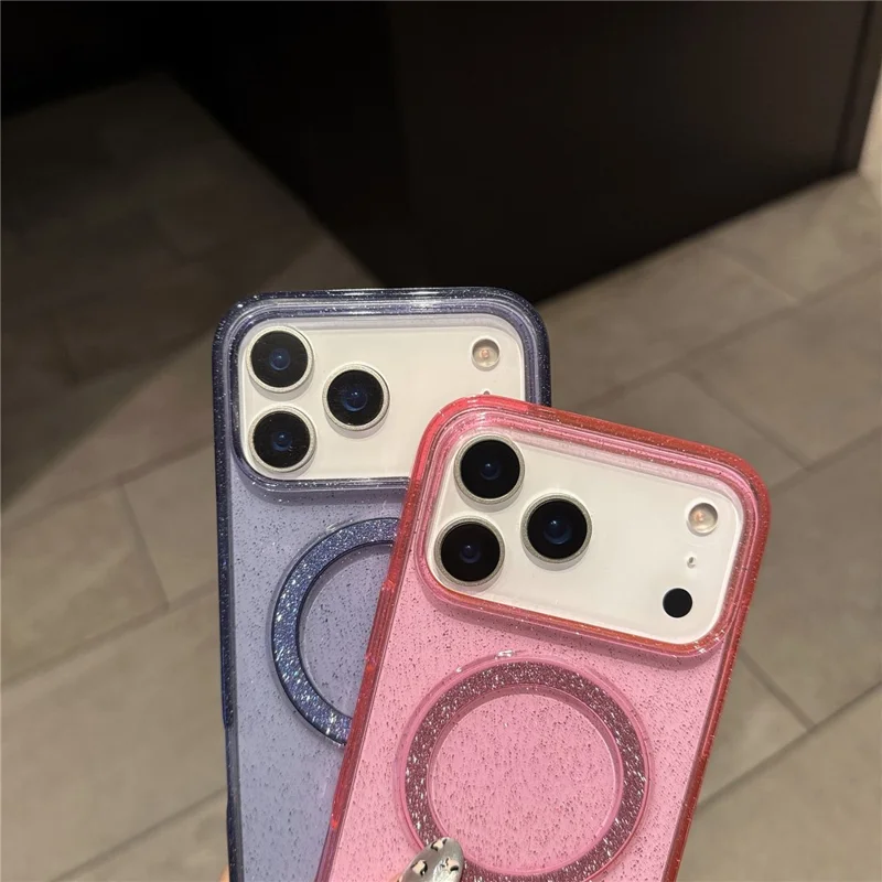 Hoesje voor iPhone 17 Pro Max met Steunbeentje, compatibel met MagSafe 2,0 mm TPU+PC Glitter telefoonhoesje - Transparant Paars