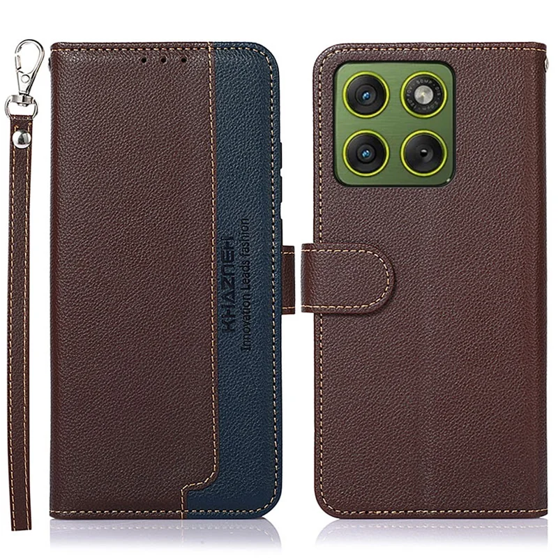 KHAZNEH For Motorola Edge 70 5G Case RFID Blocking Wallet PU Leather Phone Cover with Strap - Brown