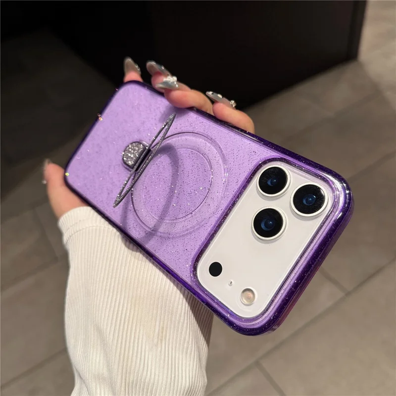 iPhone 17 Pro Max Hülle mit Ständer kompatibel mit MagSafe 2.0MM TPU PC Glitzer Handyhülle - Transparentes Lila