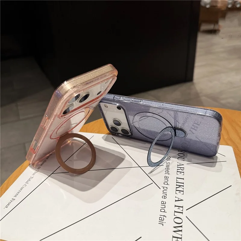 iPhone 17 Pro Max Hülle mit Ständer kompatibel mit MagSafe 2.0MM TPU PC Glitzer Handyhülle - Transparentes Lila