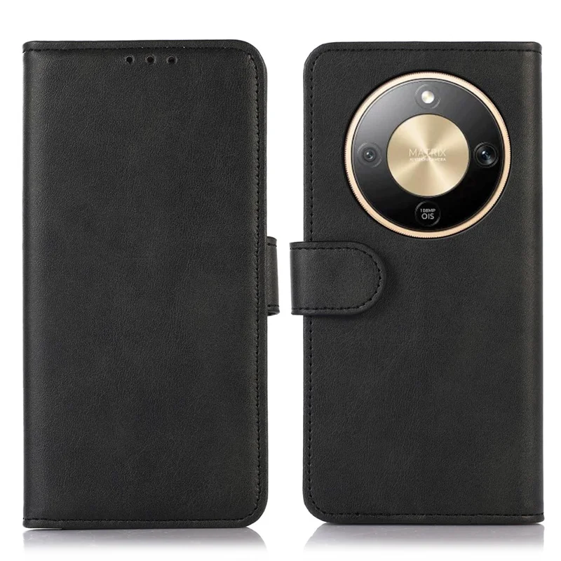 Leather Case For Honor Magic8 Lite 5G  /  X70 5G  /  X9d 5G Cowhide Texture Wallet Phone Cover with Stand - Black