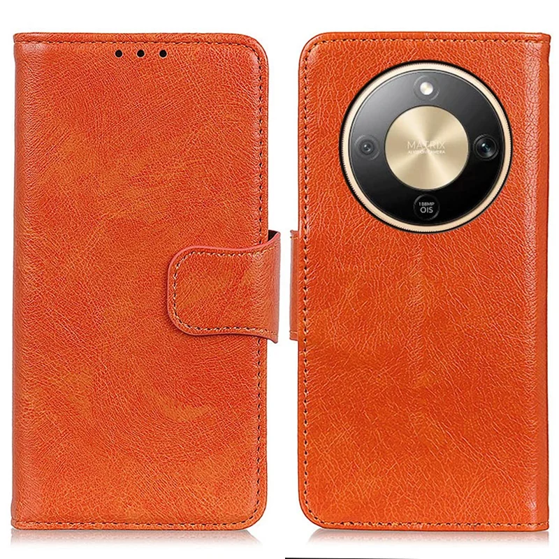 Кожаный чехол-бумажник для Honor Magic8 Lite 5G / X70 5G / X9d 5G с фактурой наппа - оранжевый