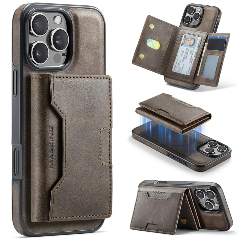 MAGKING K4 Série Para Caso do iPhone 16 Pro Compatível com Carteira Destacável MagSafe PU TPU PC Capa de Telefone - Café