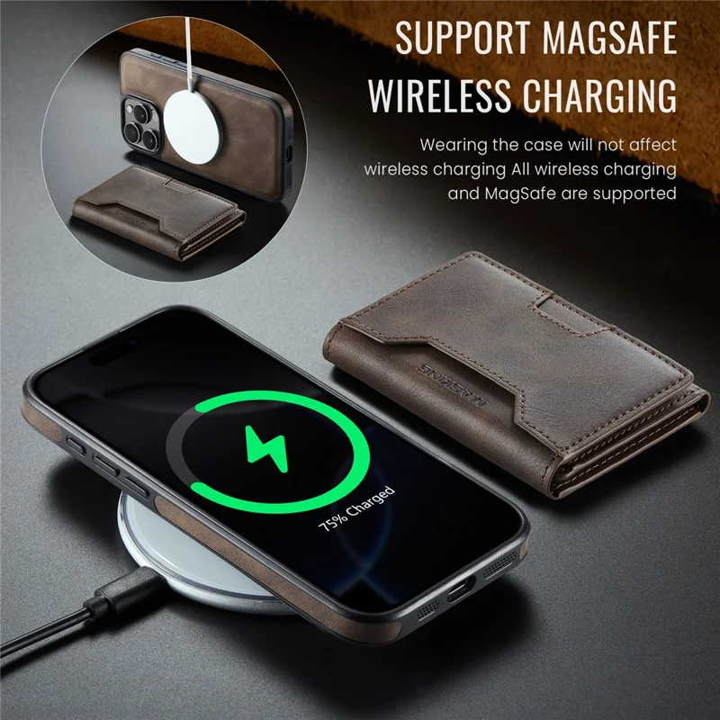 MAGKING K4 Série Para Caso do iPhone 16 Pro Compatível com Carteira Destacável MagSafe PU TPU PC Capa de Telefone - Café