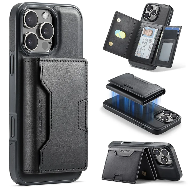 MAGKING K4 Série Para iPhone 16 Pro Max Caso Compatível com MagSafe Carteira Destacável PU TPU PC Capa de Telefone - Preto