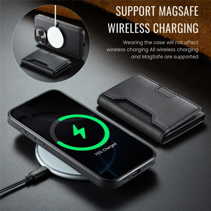 MAGKING K4 Série Para iPhone 16 Pro Max Caso Compatível com MagSafe Carteira Destacável PU TPU PC Capa de Telefone - Preto
