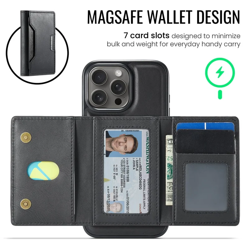 MAGKING K4 Série Para iPhone 16 Pro Max Caso Compatível com MagSafe Carteira Destacável PU TPU PC Capa de Telefone - Preto