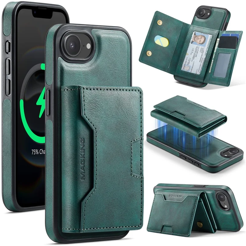 MAGKING K4 Series Para iPhone 16e Funda Compatible con MagSafe Cartera Desmontable PU TPU PC Cubierta de Teléfono - Verde
