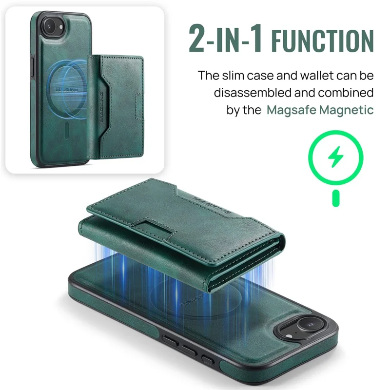 MAGKING K4 Series Para iPhone 16e Funda Compatible con MagSafe Cartera Desmontable PU TPU PC Cubierta de Teléfono - Verde