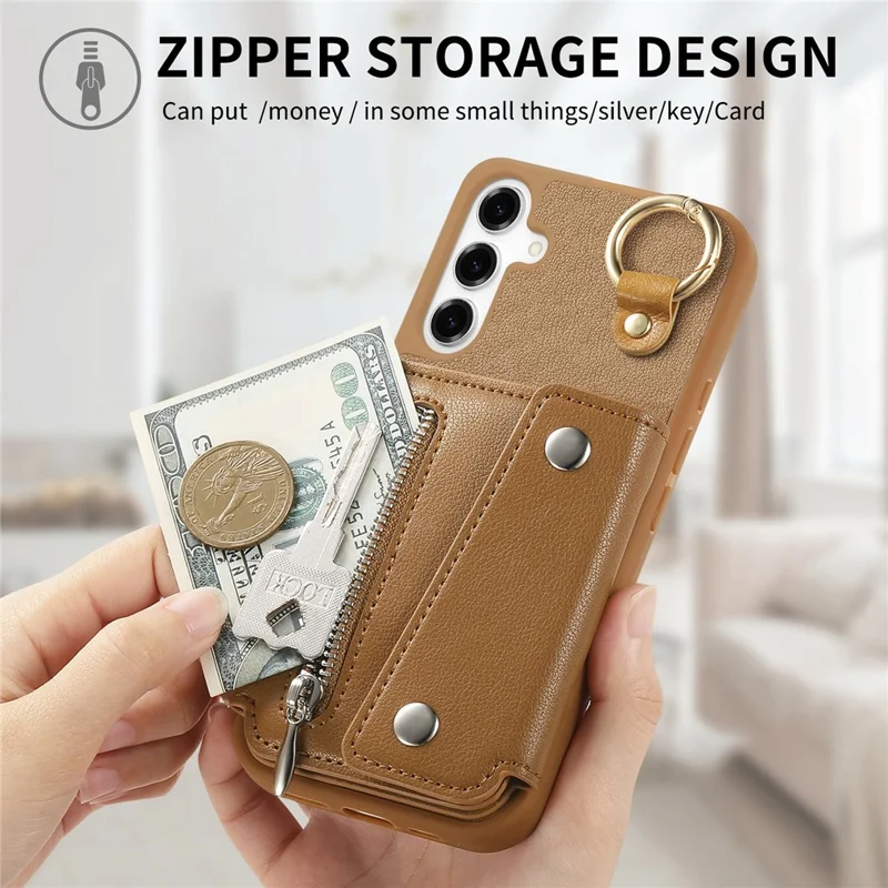 For Samsung Galaxy A35 5G Case D-Ring Holder Leather + PC + TPU Phone Cover with Wallet Kickstand - Brown