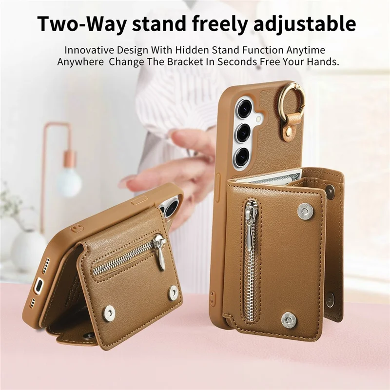 For Samsung Galaxy A35 5G Case D-Ring Holder Leather + PC + TPU Phone Cover with Wallet Kickstand - Brown