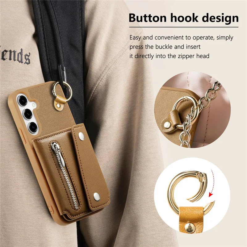 For Samsung Galaxy A35 5G Case D-Ring Holder Leather + PC + TPU Phone Cover with Wallet Kickstand - Brown