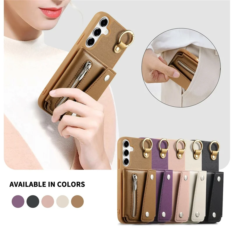 For Samsung Galaxy A35 5G Case D-Ring Holder Leather + PC + TPU Phone Cover with Wallet Kickstand - Brown